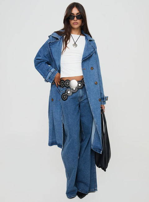 Denim trench coat Lapel collar, button fastening down front, adjustable & removable belts on cuff & waist Non-stretch material, unlined 