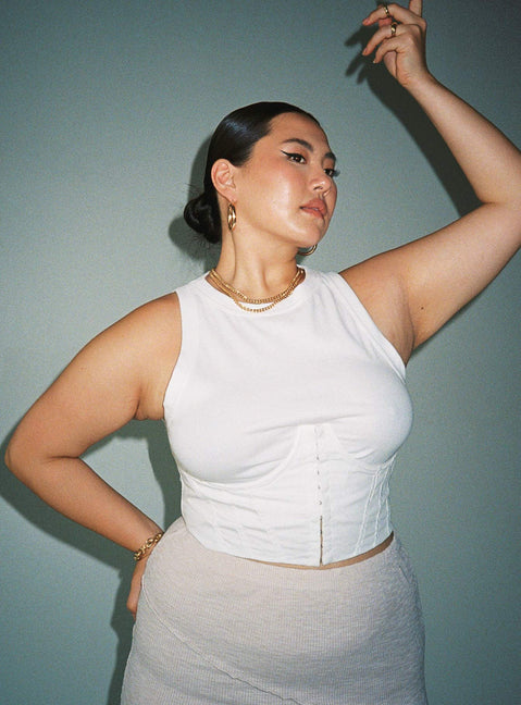 Front view of model wearing  front Princess Polly Sleeveless High Neck  Saturday Sinner Corset White Curve
