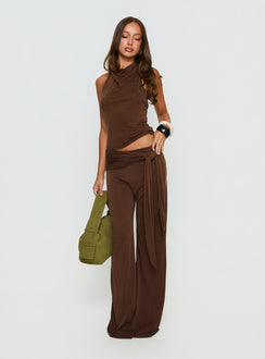 front view of model wearing Princess Polly Katiana Wrap Jersey Pants Brown Mid Rise Pants 