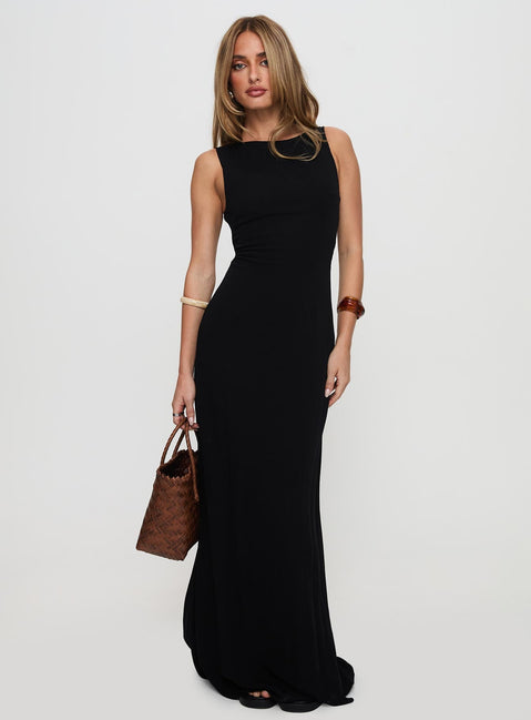 side view of model wearing Princess Polly Ace Of Hearts Backless Maxi Dress Black Petite Crew Neck 
