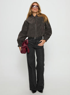 front view of model wearing Princess Polly Saving Up Stud Detail Jeans Jet Black High Rise Jeans 