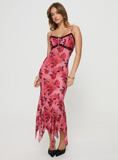 front view of model wearing Princess Polly Eirini Maxi Dress Pink Floral V-Neck 