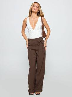 front view of model wearing Princess Polly Rush Hours Pants Chocolate High Waisted Pants 