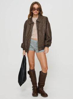 Goldsmith Faux Leather Bomber Jacket Washed Brown Petite