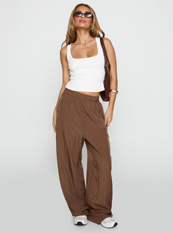 front view of model wearing Princess Polly No Doubts Track Pant Brown High Waisted Pants 