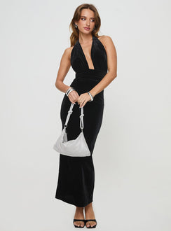 Halter maxi dress Velvet material, plunging neckline, tie fastening at neck, split in hem at back Good stretch, unlined  Princess Polly Lower Impact 