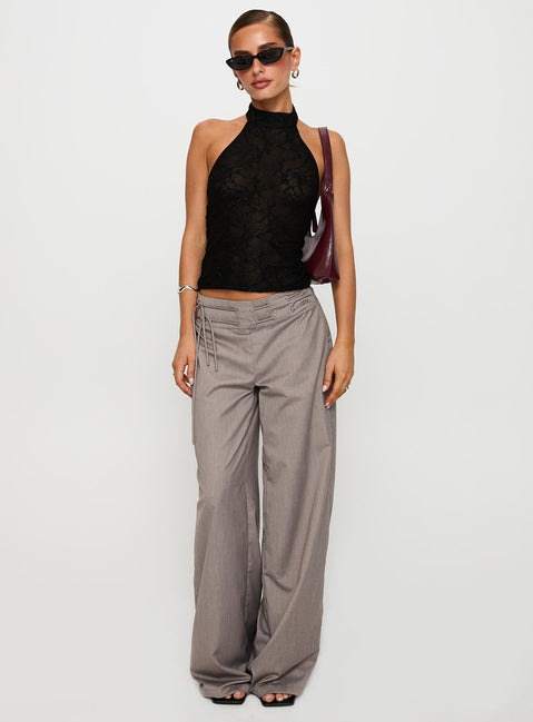 back view of model wearing Princess Polly Hotter Than Fire Lace Halter Top Black Sleeveless High Neck 