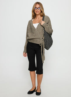 front view of model wearing Princess Polly Daelan Wrap Knit Cardigan Brown regular 