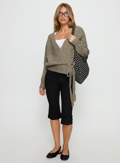 front view of model wearing Princess Polly Daelan Wrap Knit Cardigan Brown regular 