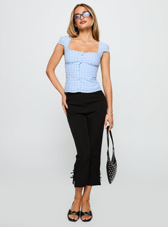 front view of model wearing Princess Polly Getting Close Button Up Top Blue Check Short Sleeves Sweetheart 