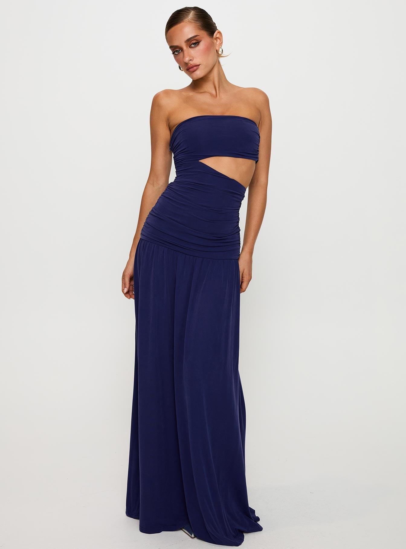 side view of model wearing Princess Polly Grandeur Strapless Maxi Dress Navy Straight Neck 