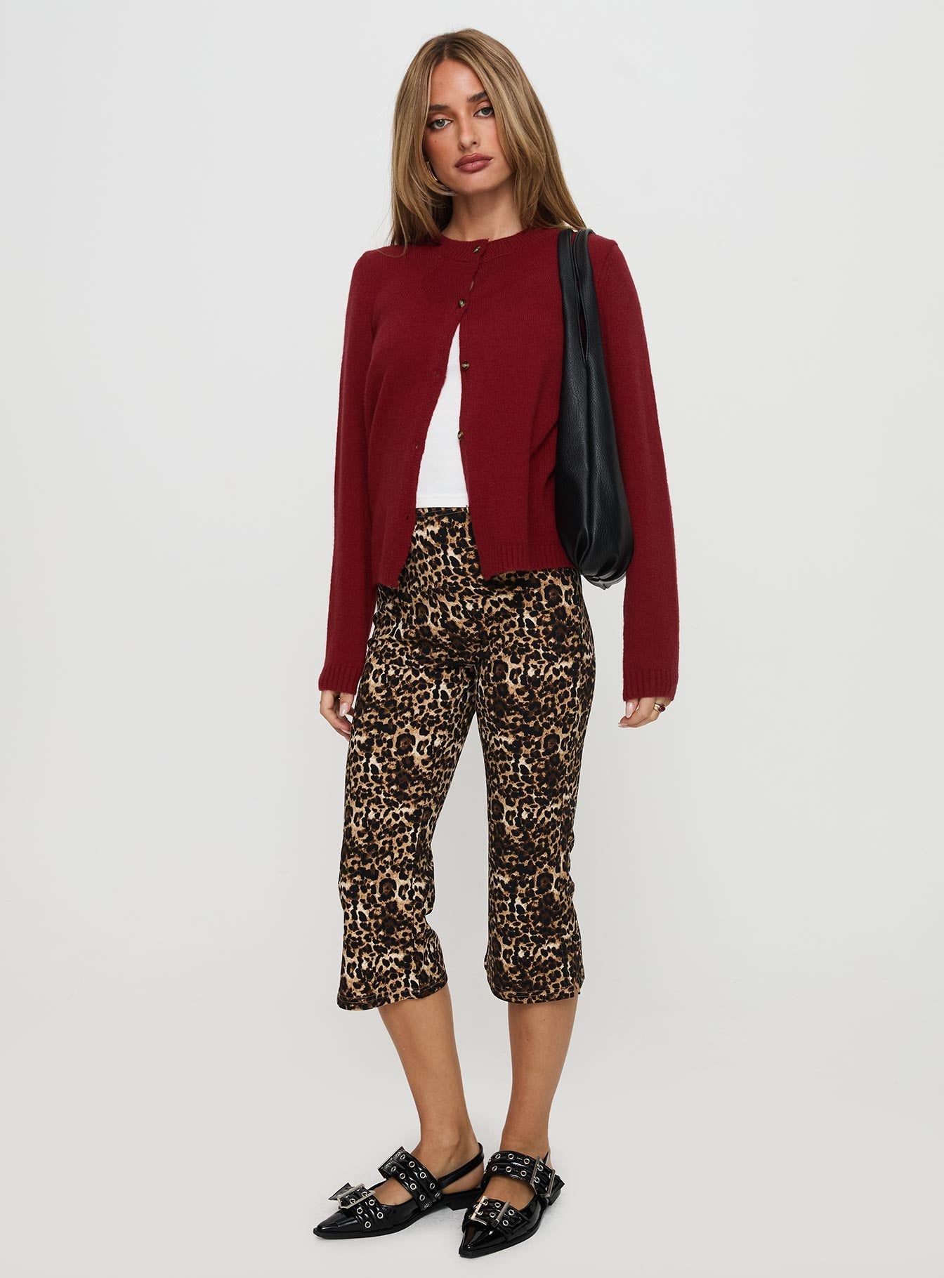 back view of model wearing Princess Polly Arica Button Up Knit Cardigan Red Long 