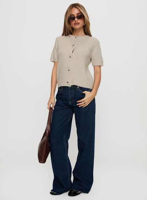 front view of model wearing Princess Polly Wait A Lifetime Short Sleeve Cardigan Beige Cropped 