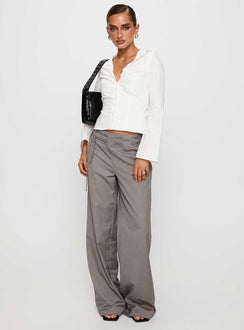 side view of model wearing Princess Polly Just Have Fun Wide Leg Pant Grey Petite High Waisted Pants 