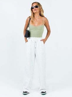 front view of model wearing Princess Polly Linden Bodysuit Khaki Sleeveless Sweetheart 