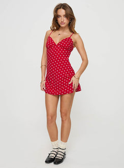 front view of model wearing Princess Polly Chara Mini Dress Red V-Neck 