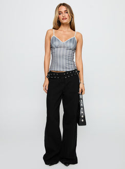 front view of model wearing Princess Polly Clear Vision Top Grey Stripe Sleeveless V-Neck 