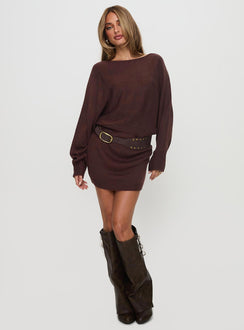 back view of model wearing Princess Polly Bellamie Long Sleeve Mini Dress Chocolate Boat Neck 