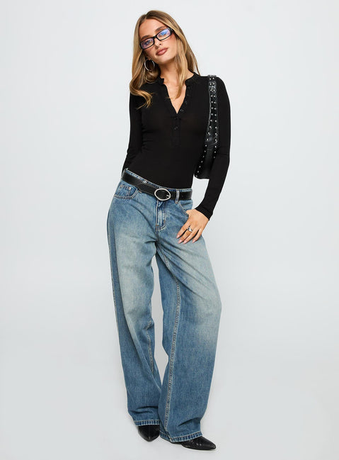 side view of model wearing Princess Polly Kandis Long Sleeve Bodysuit Black Long Sleeve Tops 