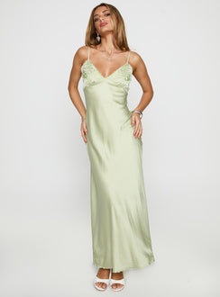 front view of model wearing Princess Polly Cyrielle Embroidered Maxi Dress Sage Plunger 