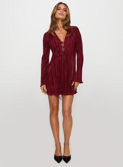 front view of model wearing Princess Polly Malop Long Sleeve Mini Dress Burgundy Plunger 
