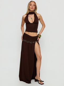   front view of model wearing Princess Polly Spirita Beaded Sarong Maxi Skirt Brown Maxi Skirts 