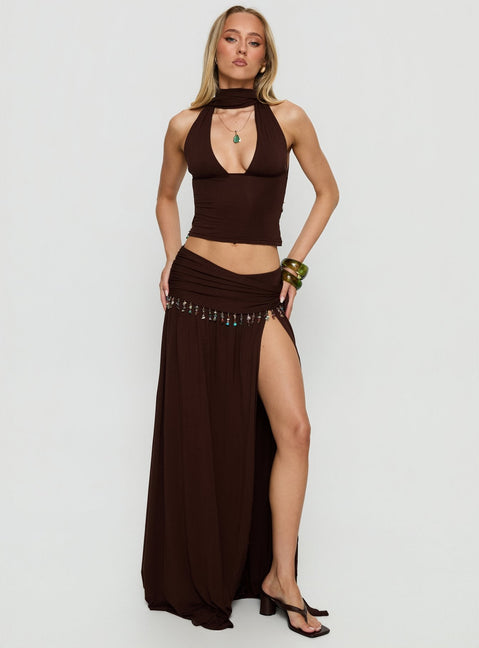   front view of model wearing Princess Polly Spirita Beaded Sarong Maxi Skirt Brown Maxi Skirts 