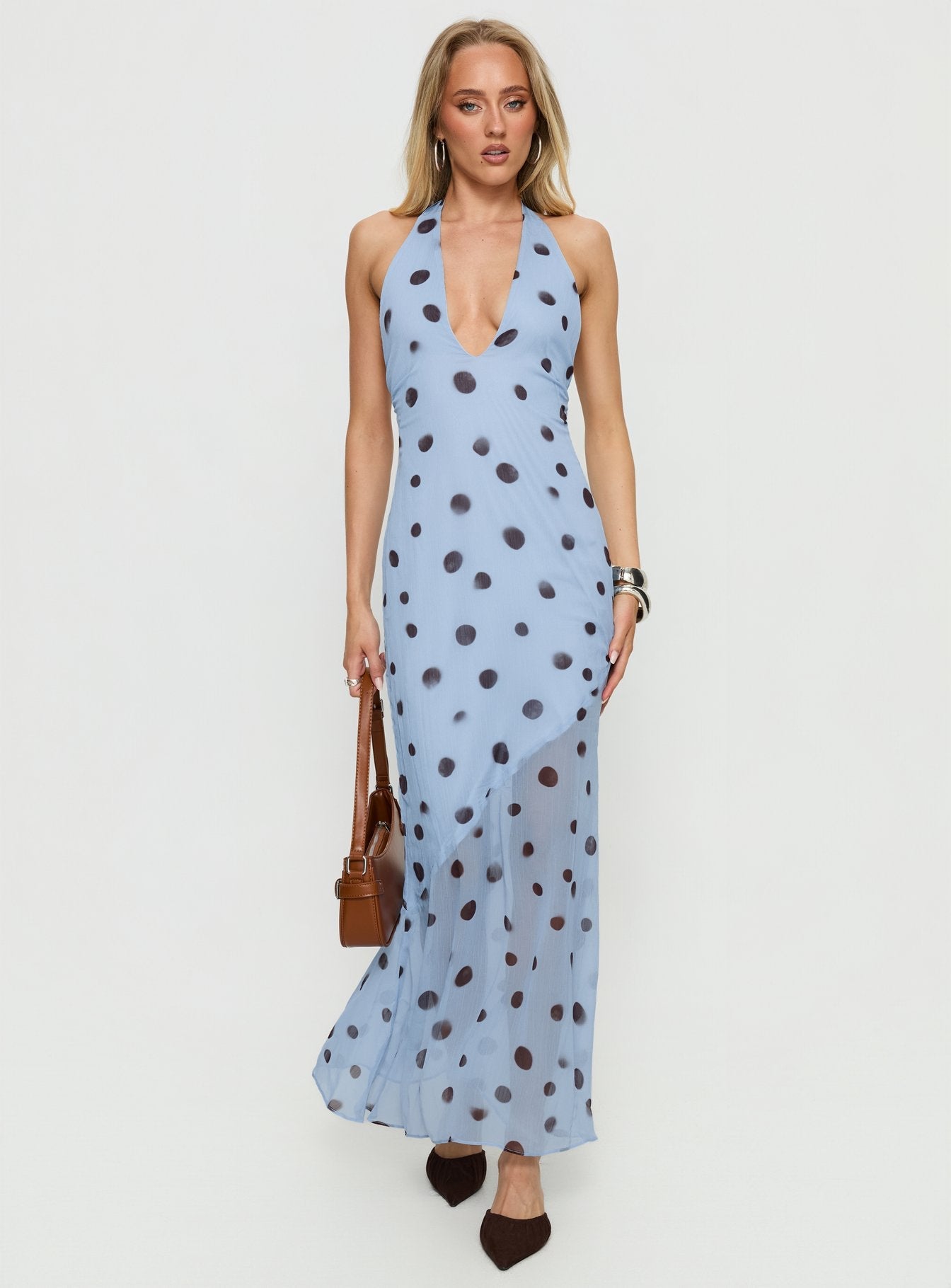 Oralee Halter Sheer Maxi Dress Blue / Polka Dot