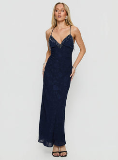 Alvera Fringe Beaded Maxi Dress Navy