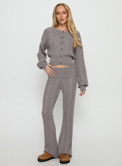 front view of model wearing Princess Polly Baleigh Cable Knit Cardigan Grey 