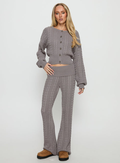 front view of model wearing Princess Polly Baleigh Cable Knit Cardigan Grey 