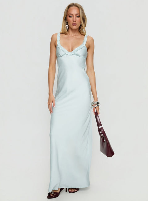 Baley Satin Bias Cut Frill Maxi Dress Blue