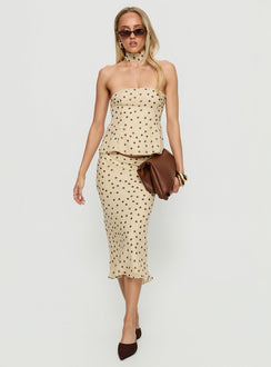   front view of model wearing Princess Polly Sydni Midi Bias Cut Skirt Yellow / Chocolate Polka Midi Skirts 