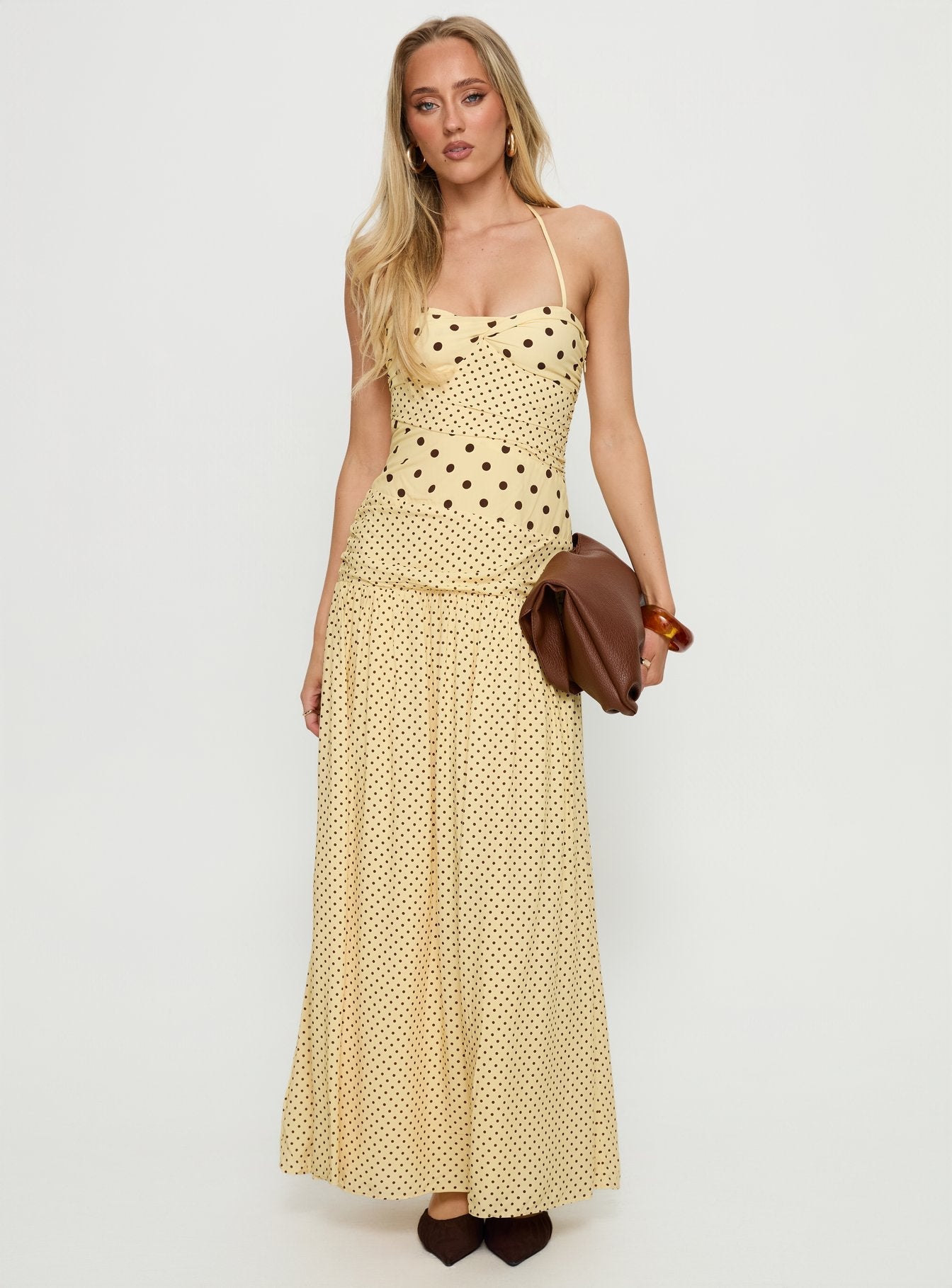 Marguerite Halter Maxi Dress Lemon / Brown Polka Dot