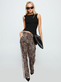 front view of model wearing Princess Polly Buzzer Track Pants Leopard High Waisted Pants 