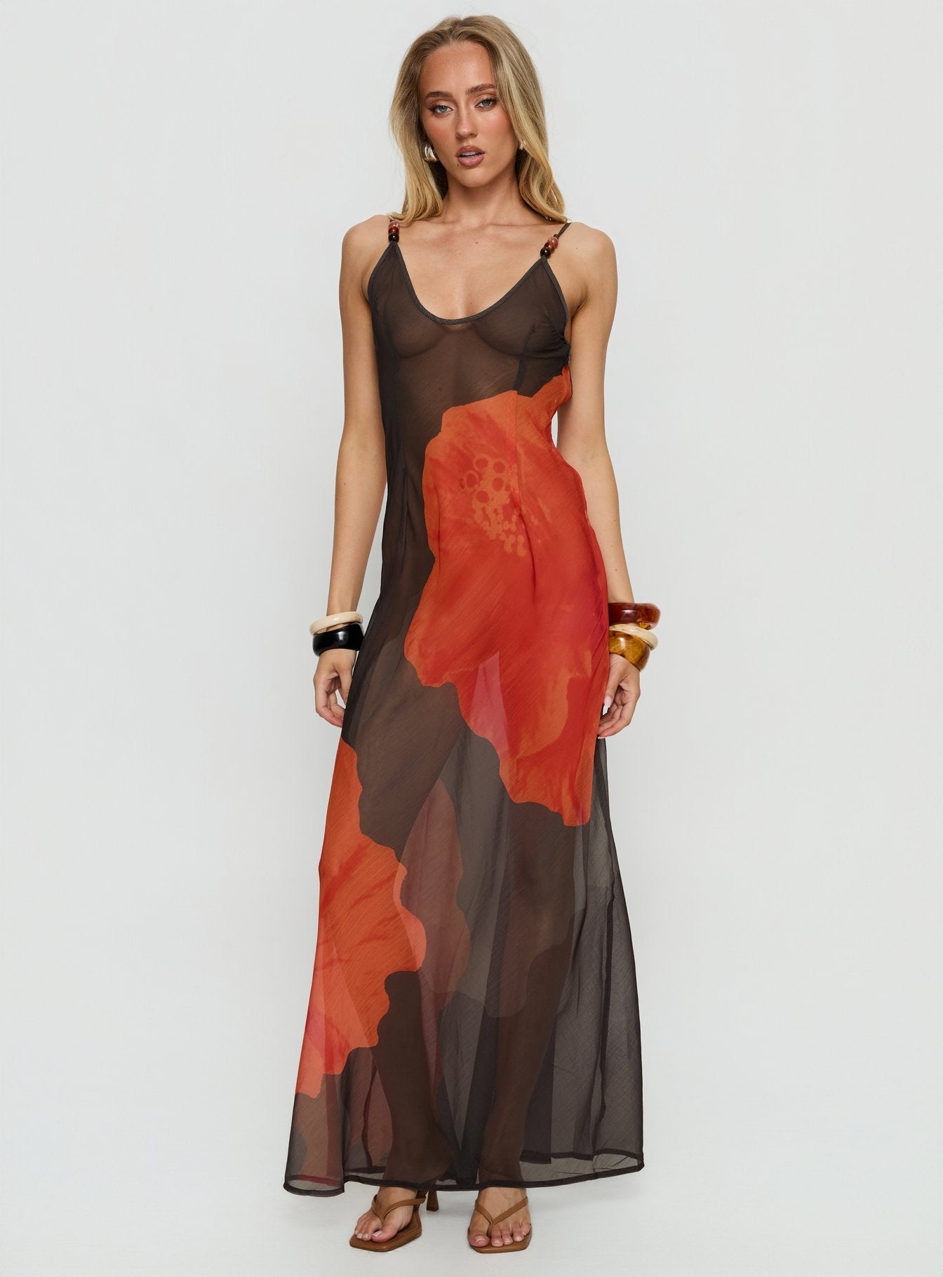 Carita Sheer Chiffon Maxi Dress Brown / Orange Floral