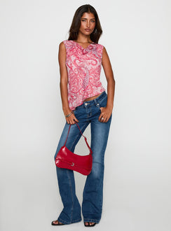 side view of model wearing Princess Polly Blame The Rain Cowl Neck Top Pink Paisley Sleeveless Cowl 
