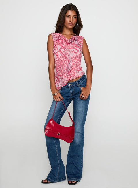 side view of model wearing Princess Polly Blame The Rain Cowl Neck Top Pink Paisley Sleeveless Cowl 