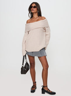 front view of model wearing Princess Polly Mirrelle Off Shoulder Knit Sweater Beige Long 