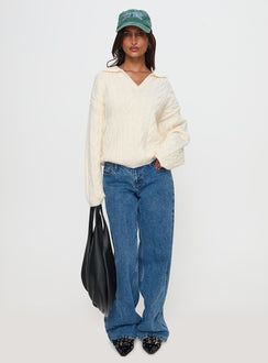 front view of model wearing Princess Polly Brodey Collared Cable Knit Sweater Cream Long 