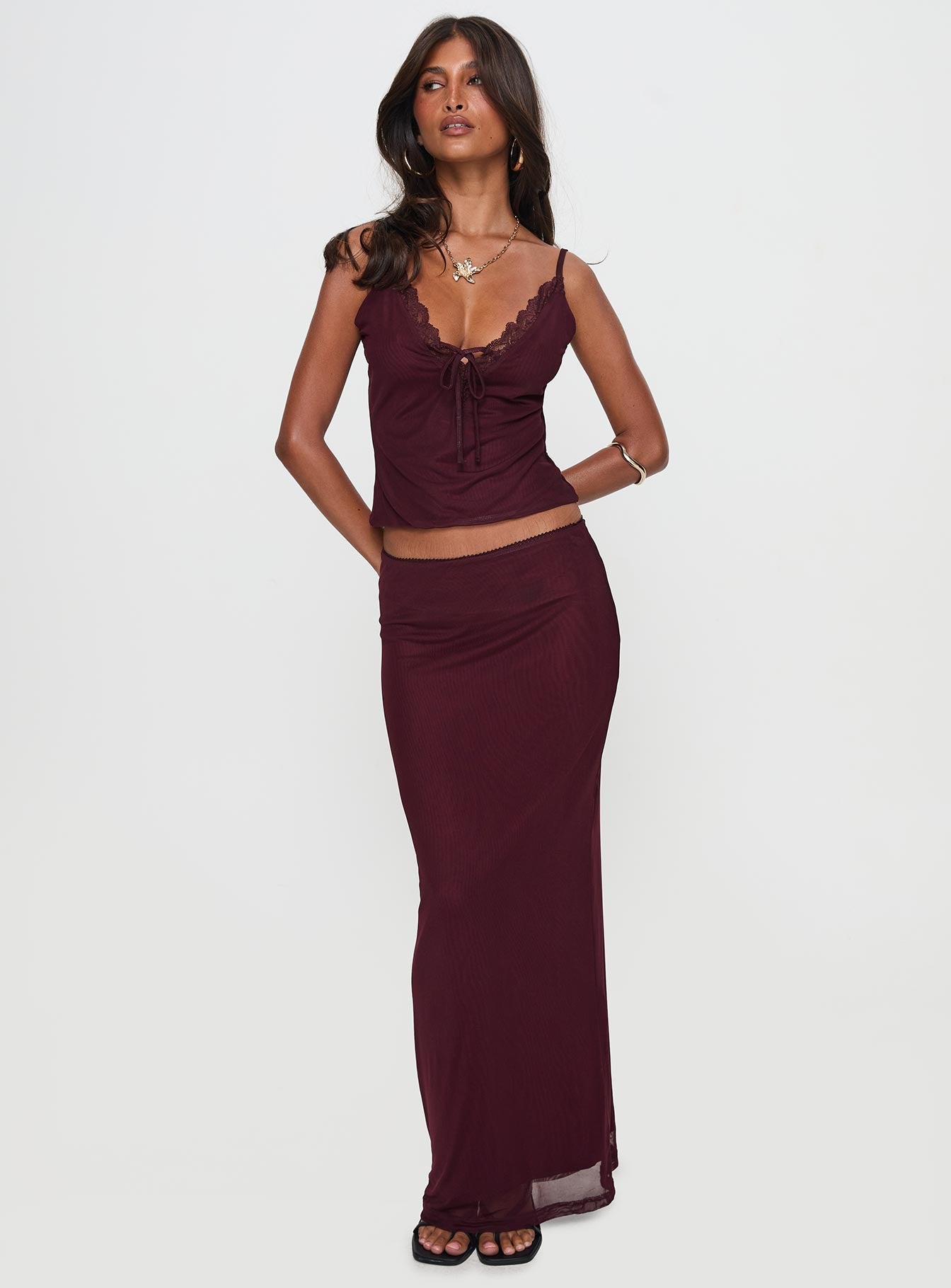 Reiko Lace Trim Tie Front Maxi Set Burgundy
