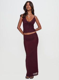 Reiko Lace Trim Tie Front Maxi Set Burgundy