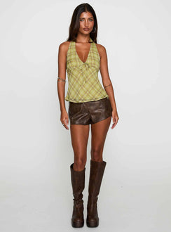 front view of model wearing Princess Polly Amalthea Top Green Check Sleeveless Plunger 