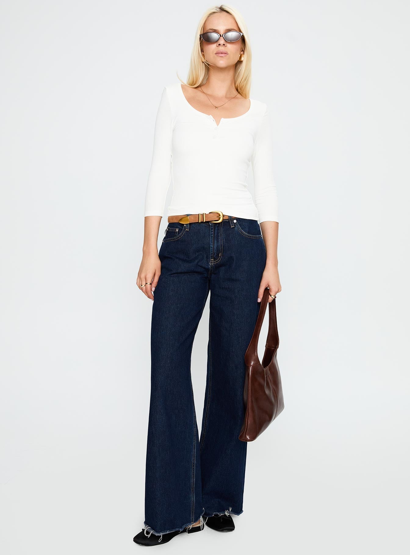 side view of model wearing Princess Polly Desirae 3/4 Sleeve Top White Three Fourth Sleeves Scoop Neck 