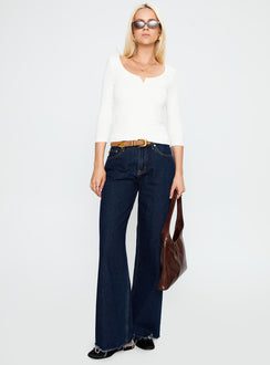 side view of model wearing Princess Polly Desirae 3/4 Sleeve Top White Three Fourth Sleeves Scoop Neck 