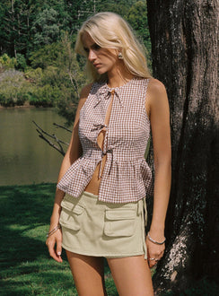 front view of model wearing Princess Polly Rosellah Tie Up Top Brown Check Sleeveless Crew Neck 
