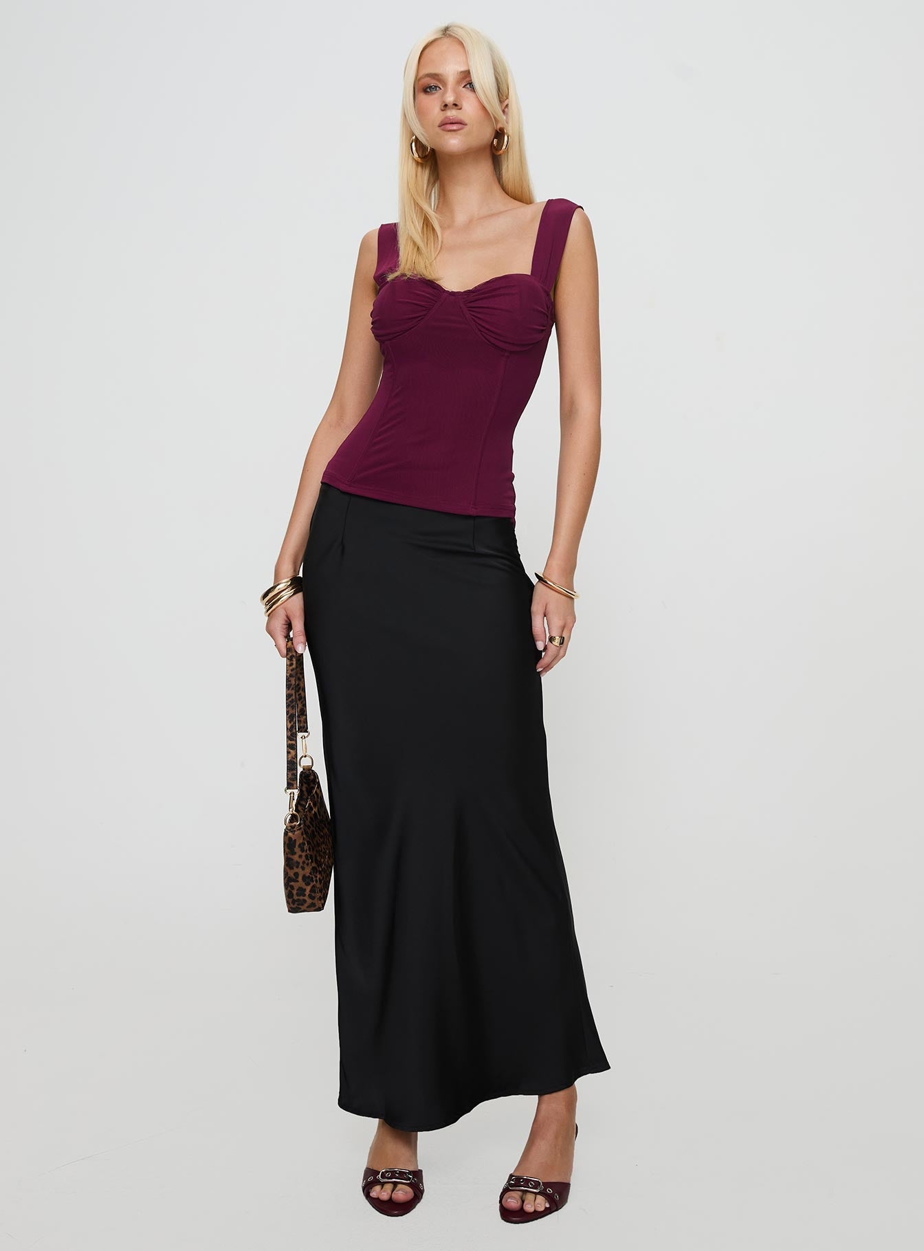 front view of model wearing Princess Polly Kyrie Longline Corset Top Purple Sleeveless Sweetheart 