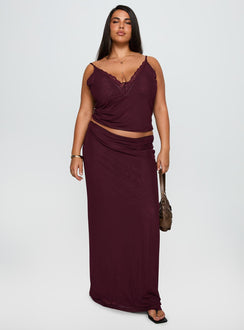 Reiko Lace Trim Tie Front Maxi Set Burgundy Curve