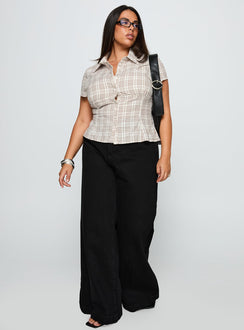 front view of model wearing Princess Polly Cottesloe Blouse Top Brown Check Curve Short Sleeves V-Neck 