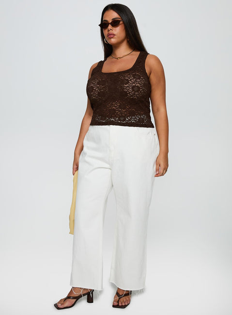 front view of model wearing Princess Polly Bennington Lace Top Brown Curve Sleeveless Square Neck 